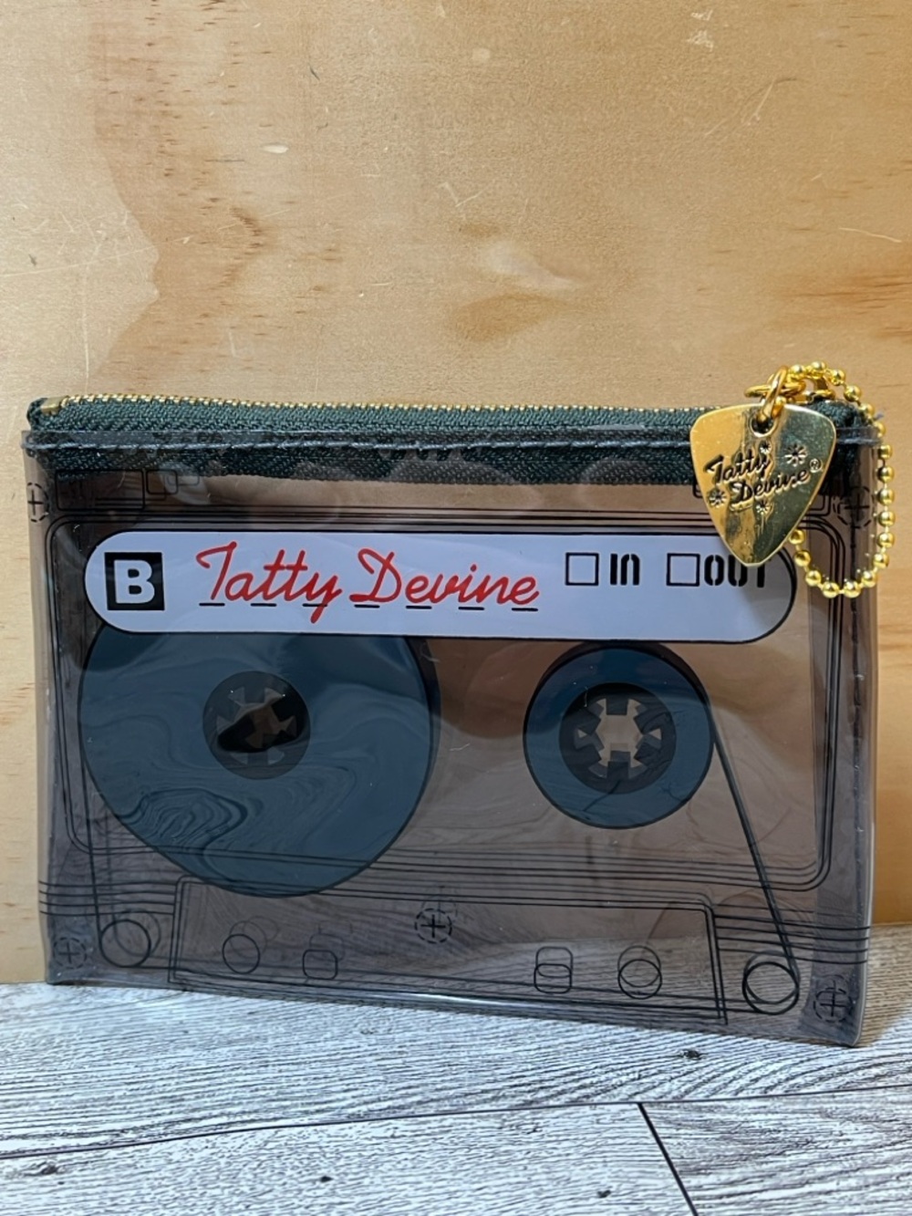 Tatty Devine Clear Cassette Pouch in Smoke with Gold Tone Charm